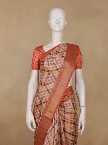Peach Banarasi Saree with Checked Design on the Body and Contrast Border - Diadem