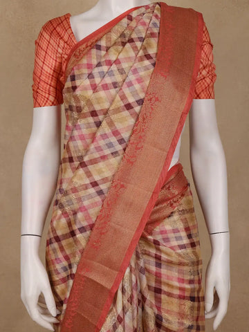 Peach Banarasi Saree with Checked Design on the Body and Contrast Border - Diadem