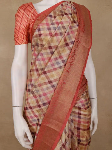 Peach Banarasi Saree with Checked Design on the Body and Contrast Border - Diadem