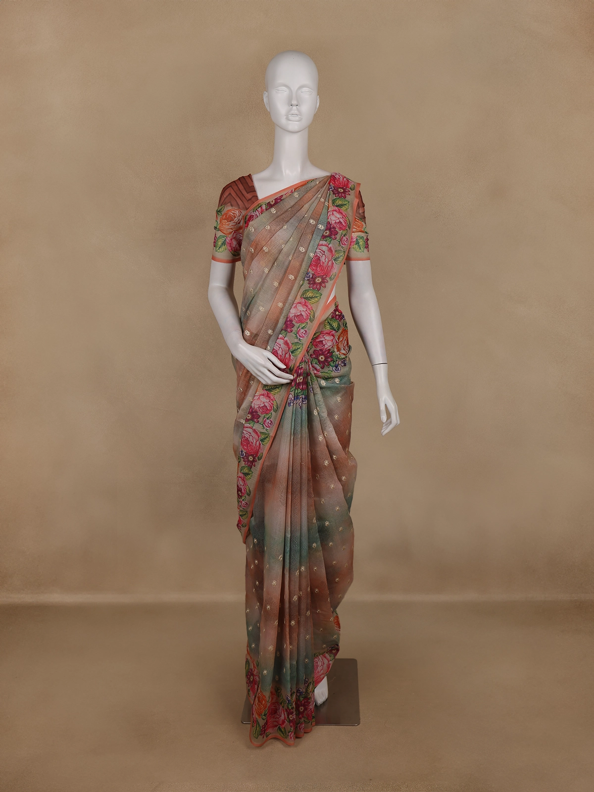 Peach Brown Floral Printed Design Semi Tussar Saree