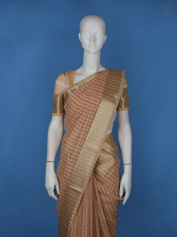 Peach Checked Design Semi Tussar Saree With Zari Border - Diadem
