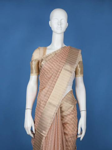 Peach Checked Design Semi Tussar Saree With Zari Border - Diadem