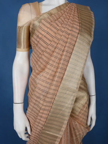 Peach Checked Design Semi Tussar Saree With Zari Border - Diadem