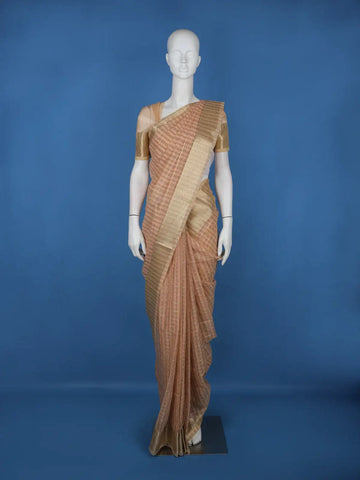 Peach Checked Design Semi Tussar Saree With Zari Border - Diadem