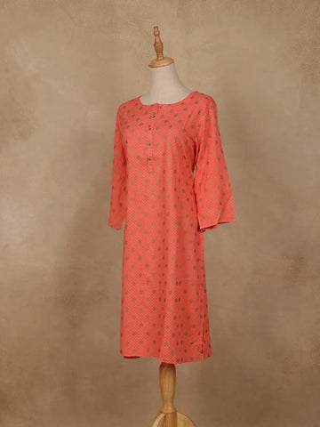 Peach Checks Printed Cotton Kurti - Diadem