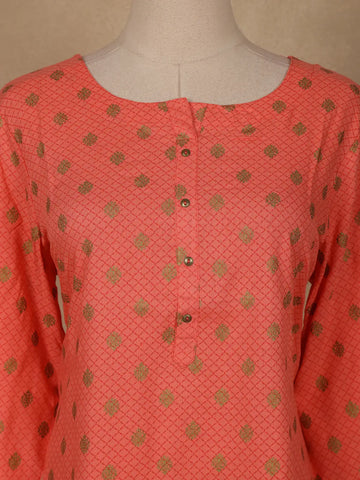 Peach Checks Printed Cotton Kurti - Diadem