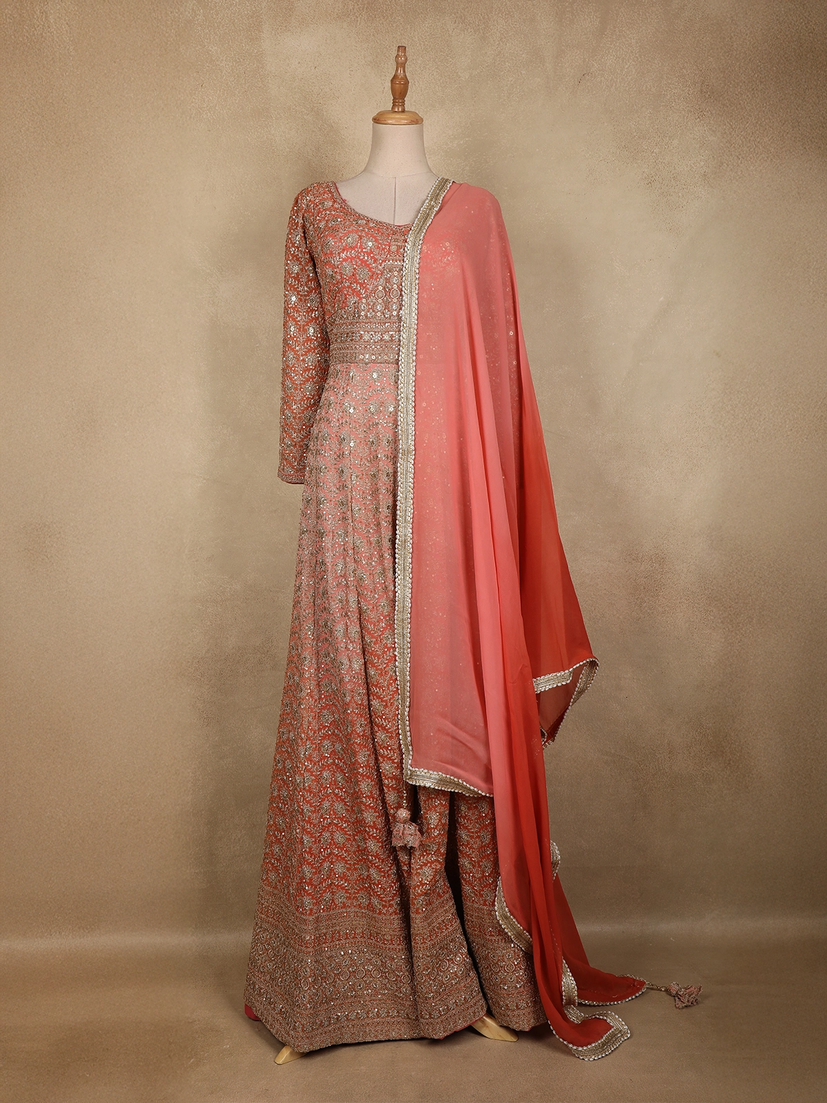 Peach Coral Heavy Sequins and Zari Embroidered Georgette Gown with Dupatta | Diadem Peach Coral Heavy Sequins and Zari Embroidered Georgette Gown with Dupatta | Diadem