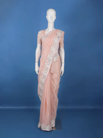 Pastel Peach Floral Design Synthetic Saree - Diadem