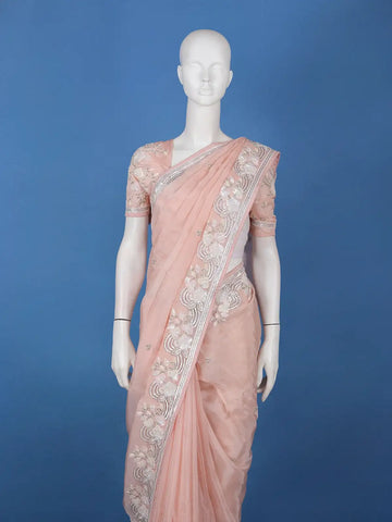 Pastel Peach Floral Design Synthetic Saree - Diadem