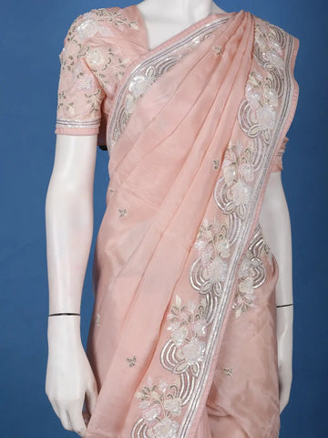 Pastel Peach Floral Design Synthetic Saree - Diadem