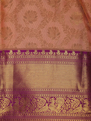 Peach Floral Design Woven Pure Kanchipuram Silk Saree With Zari Border - Diadem