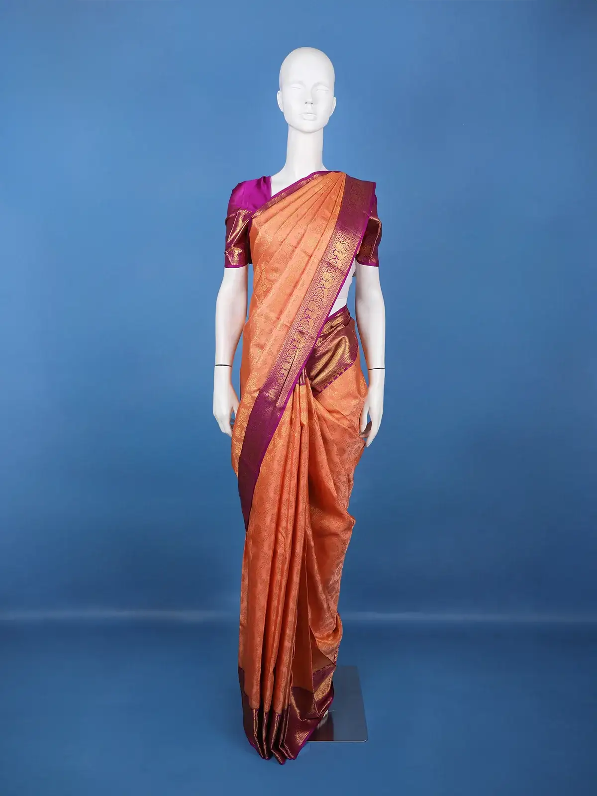 Peach Floral Design Woven Pure Kanchipuram Silk Saree With Zari Border - Diadem