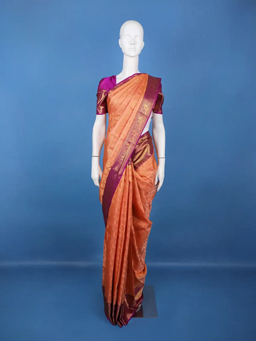 Peach Floral Design Woven Pure Kanchipuram Silk Saree With Zari Border - Diadem