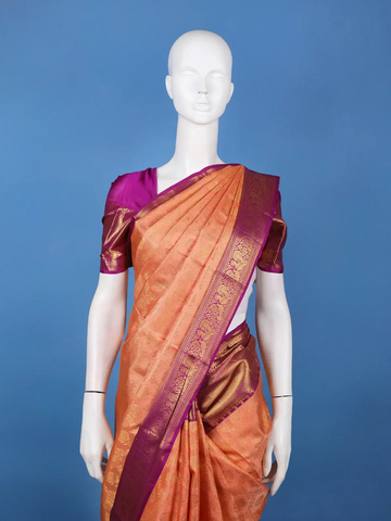 Peach Floral Design Woven Pure Kanchipuram Silk Saree With Zari Border - Diadem
