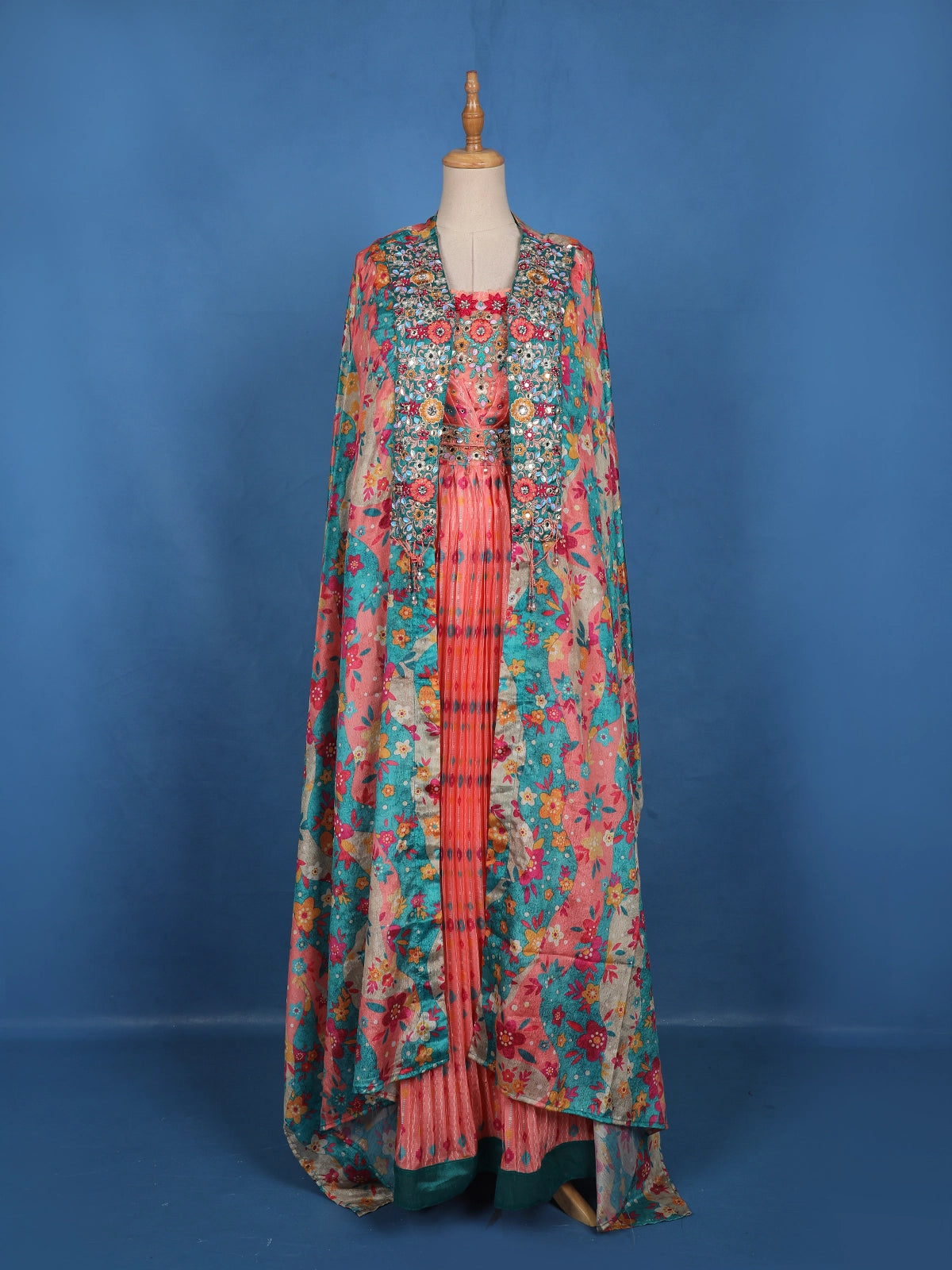 Peach Floral Embroidered Crepe Lehenga