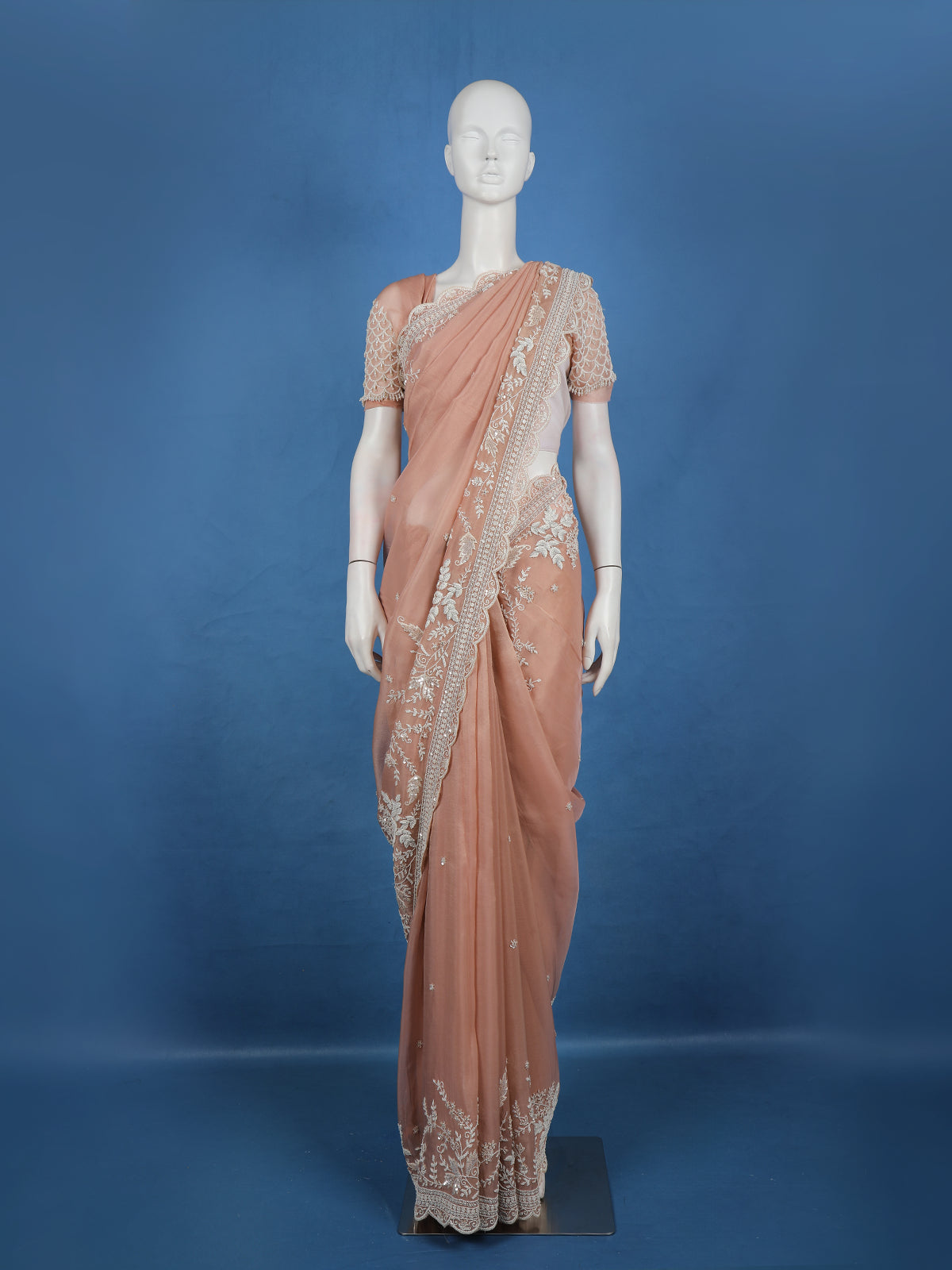 Peach Floral Embroidered Design Net Organza Tissue Saree With Designer Blouse