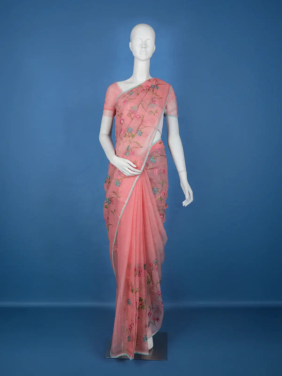 Peach Floral Embroidered Kota Cotton Saree - Diadem