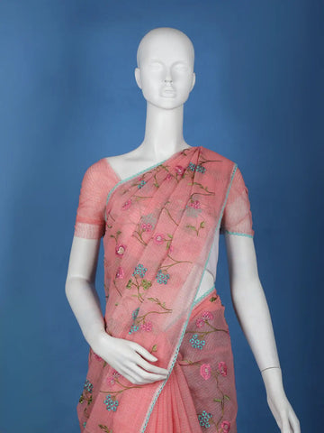 Peach Floral Embroidered Kota Cotton Saree - Diadem