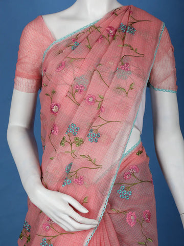 Peach Floral Embroidered Kota Cotton Saree - Diadem