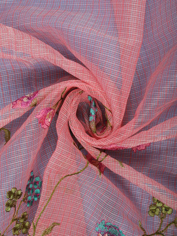 Peach Floral Embroidered Kota Cotton Saree - Diadem