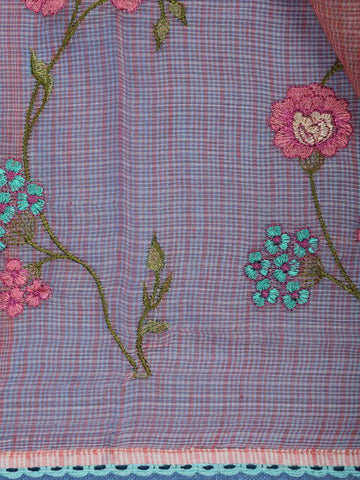 Peach Floral Embroidered Kota Cotton Saree - Diadem