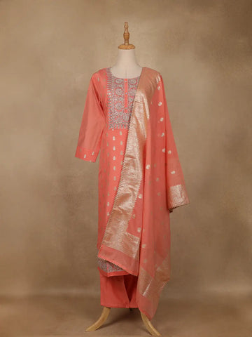 Peach Floral Embroidered Silk Salwar Suit - Diadem