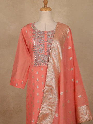 Peach Floral Embroidered Silk Salwar Suit - Diadem