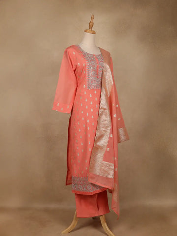Peach Floral Embroidered Silk Salwar Suit - Diadem