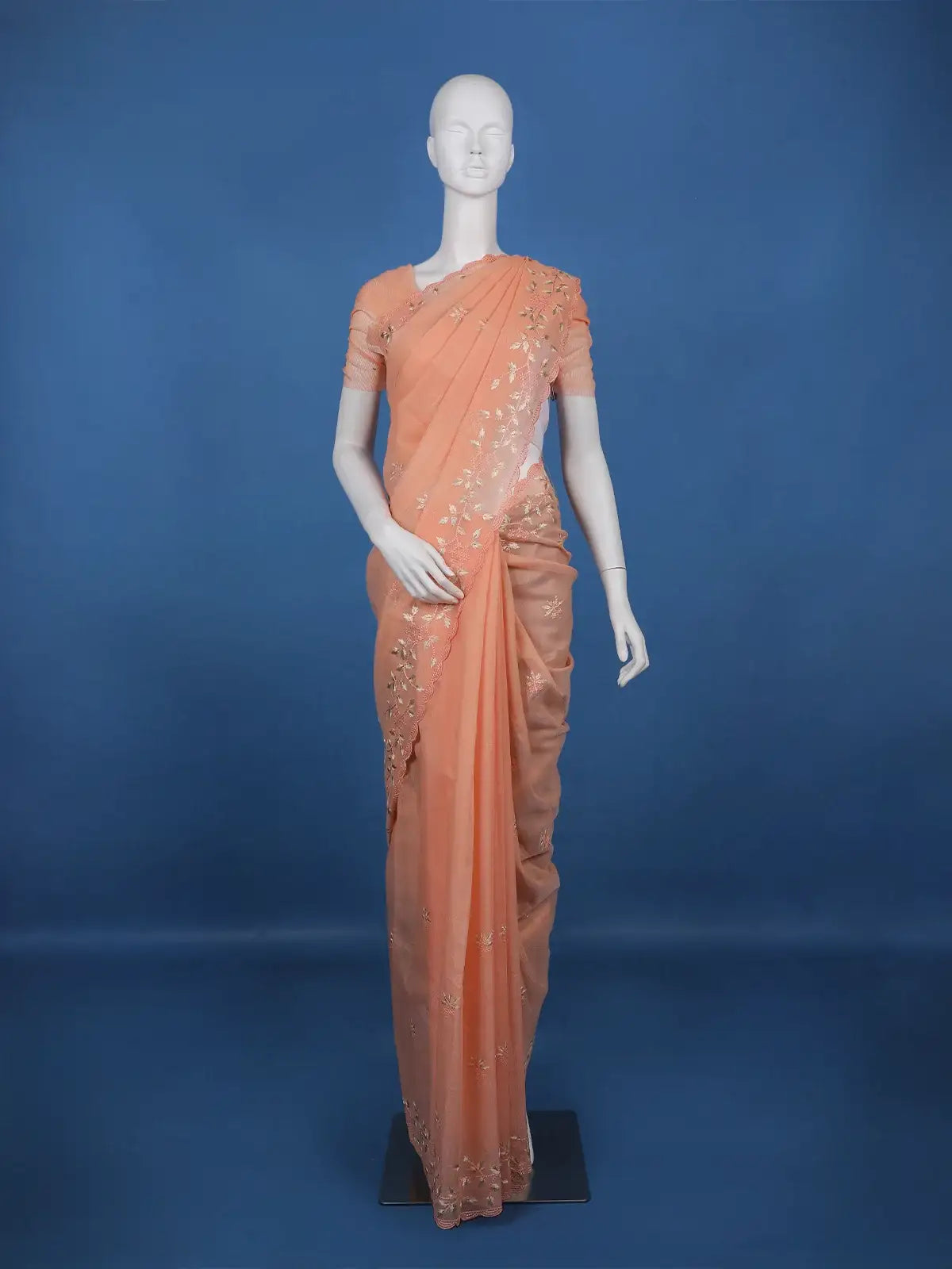 Peach Floral Embroidered Tissue Saree with Scalloped Border - Diadem