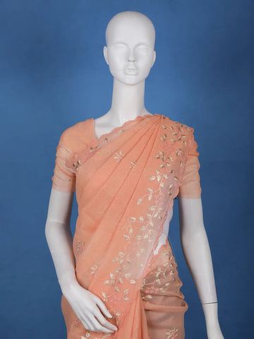 Peach Floral Embroidered Tissue Saree with Scalloped Border - Diadem