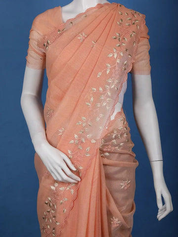 Peach Floral Embroidered Tissue Saree with Scalloped Border - Diadem