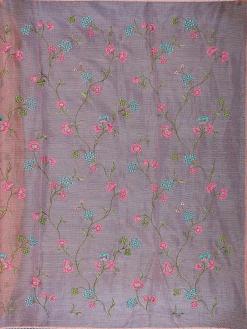 Peach Floral Motif Embroidered Chandheri Cotton Saree - Diadem