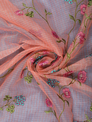 Peach Floral Motif Embroidered Chandheri Cotton Saree - Diadem