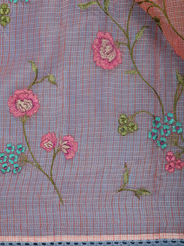 Peach Floral Motif Embroidered Chandheri Cotton Saree - Diadem