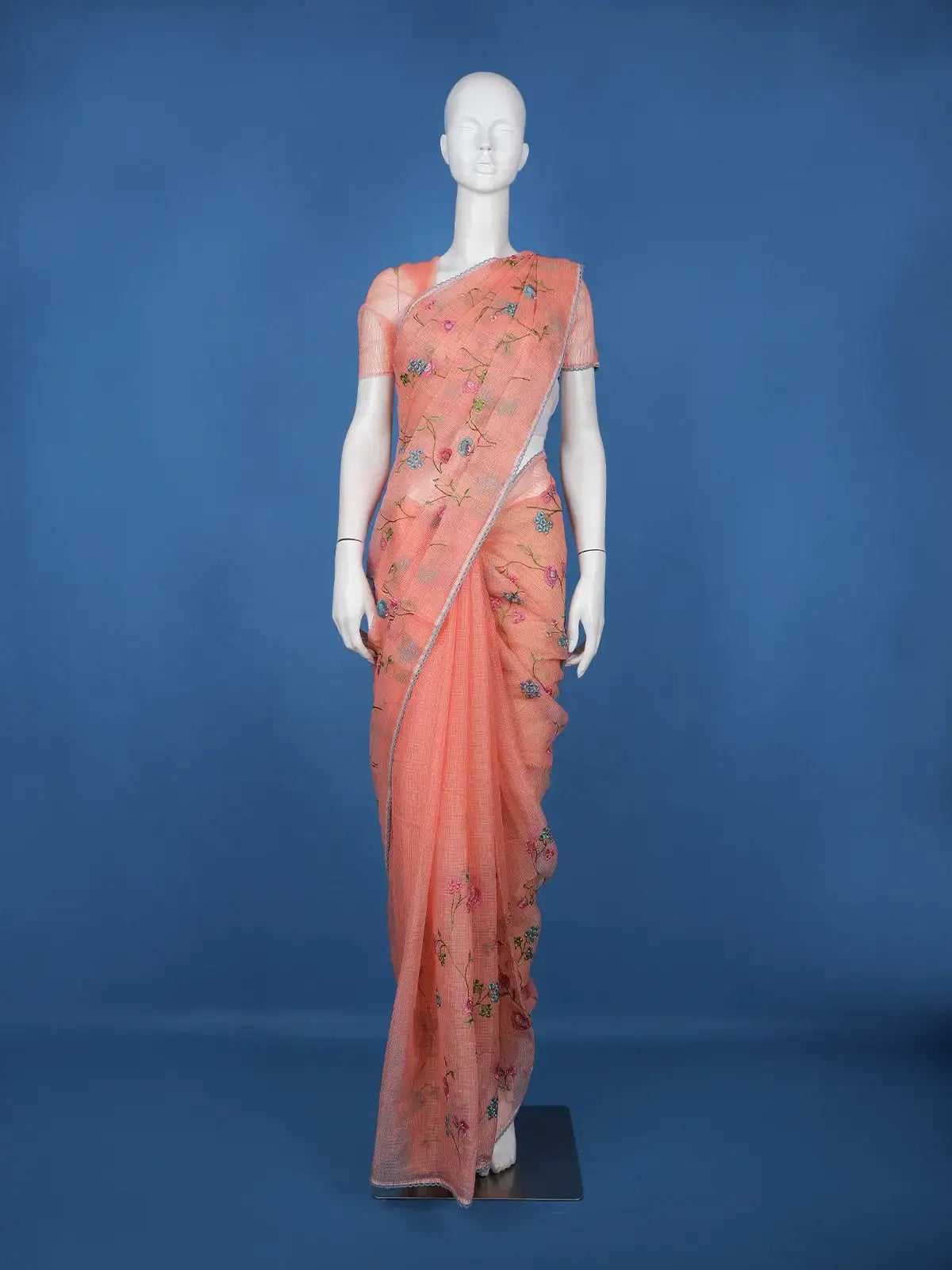 Peach Floral Motif Embroidered Chandheri Cotton Saree - Diadem