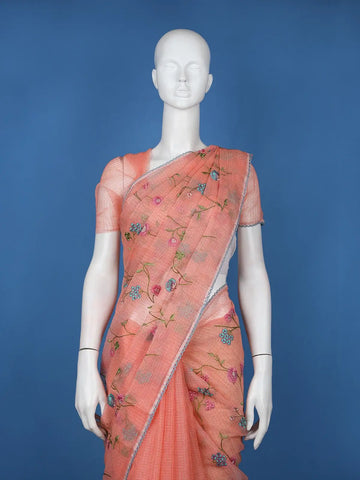 Peach Floral Motif Embroidered Chandheri Cotton Saree - Diadem