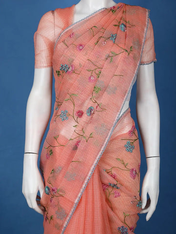 Peach Floral Motif Embroidered Chandheri Cotton Saree - Diadem