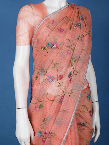 Peach Floral Motif Embroidered Chandheri Cotton Saree - Diadem