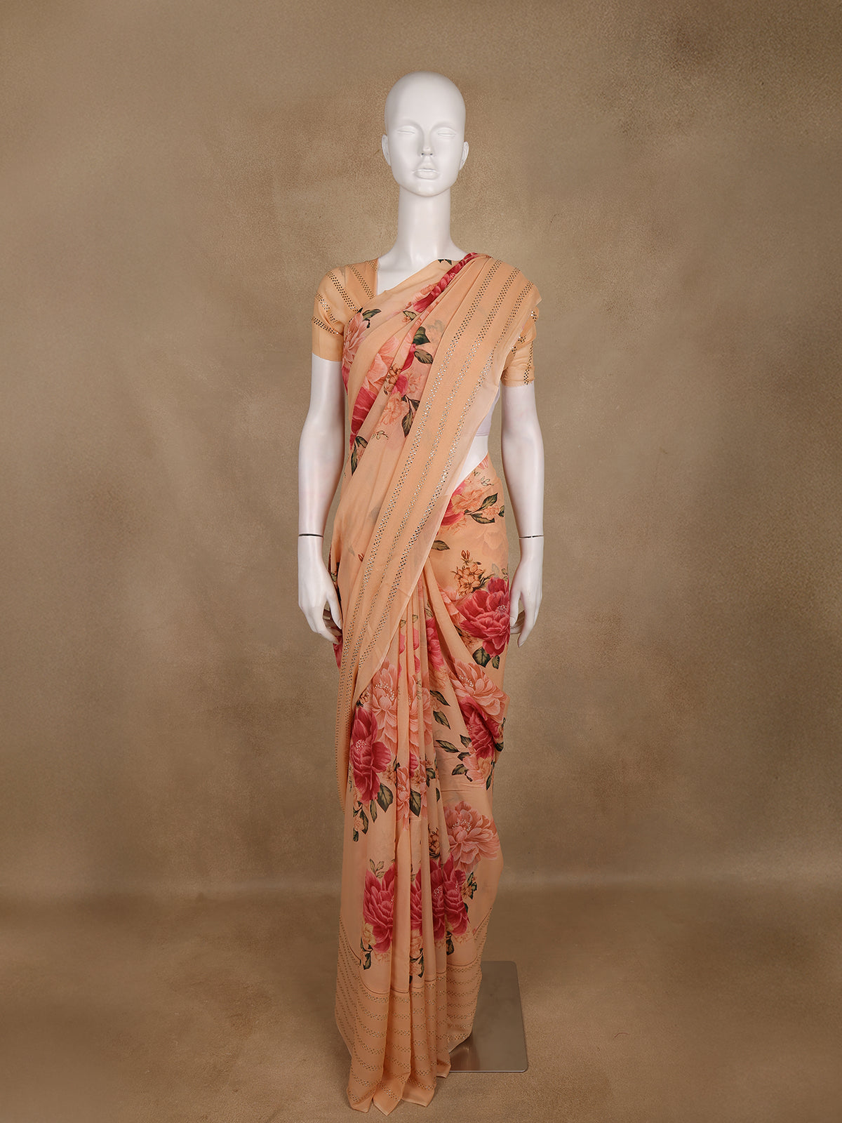 Peach Floral Printed Design Georgette Saree