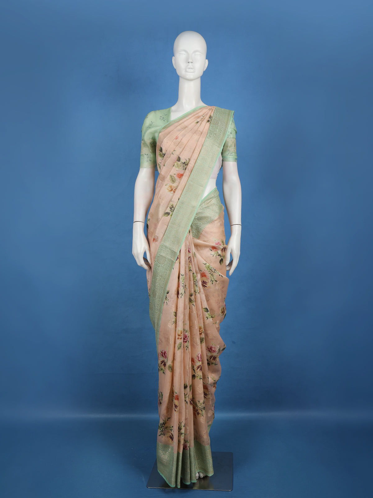 Peach Floral Printed Design Tussar Saree