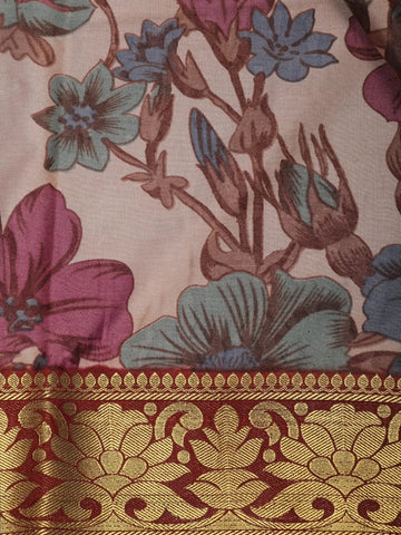 Peach Floral Printed Semi Tussar Silk Saree - Diadem