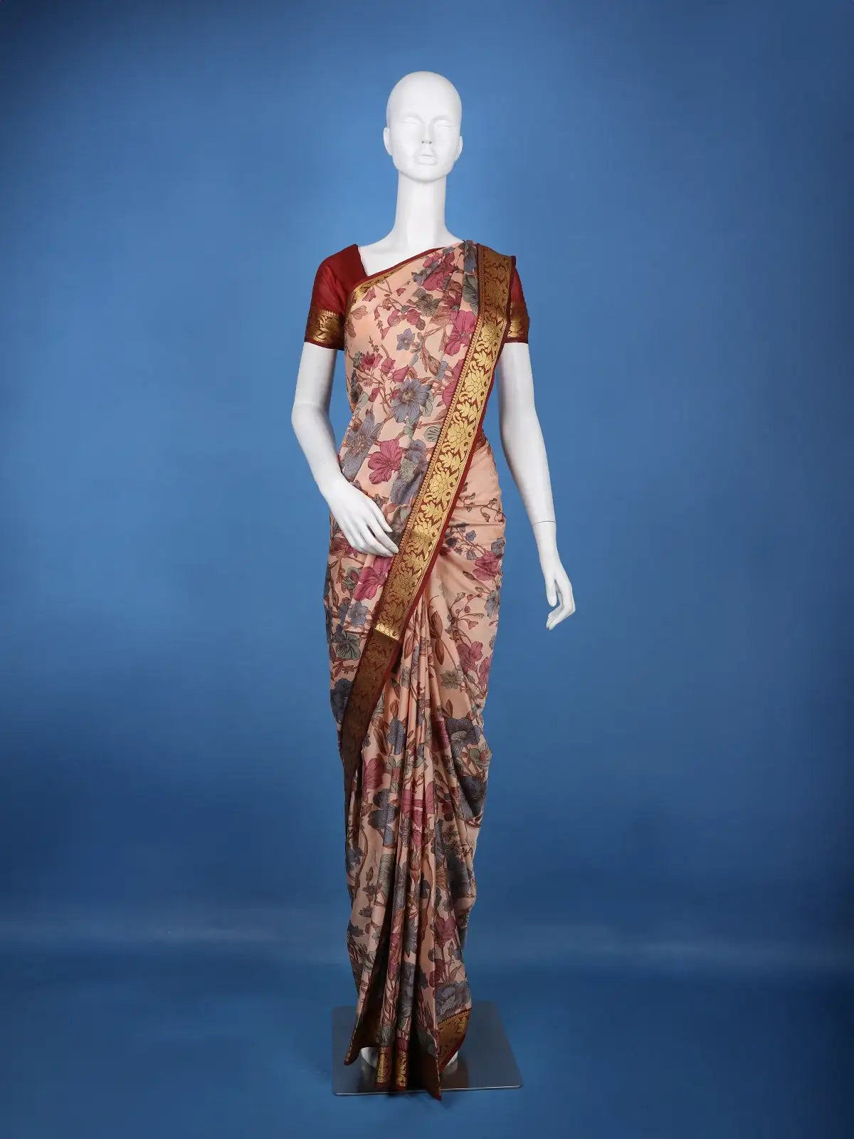 Peach Floral Printed Semi Tussar Silk Saree - Diadem
