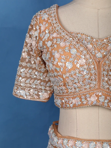 Peach Floral Sequins Embroidered Net Lehenga Set With Dupatta - Diadem