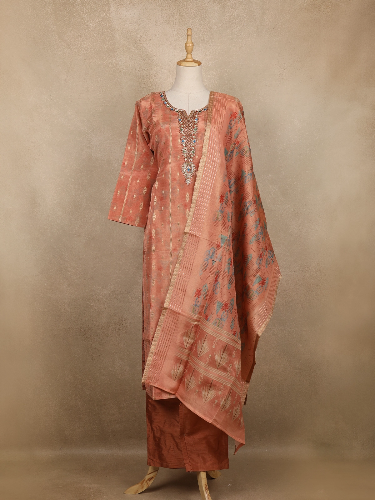 Peach Floral Sequins Embroidery Tissue Silk Salwar Suit