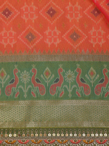 Peach Geometric Diamond Designed Silk Saree - Diadem