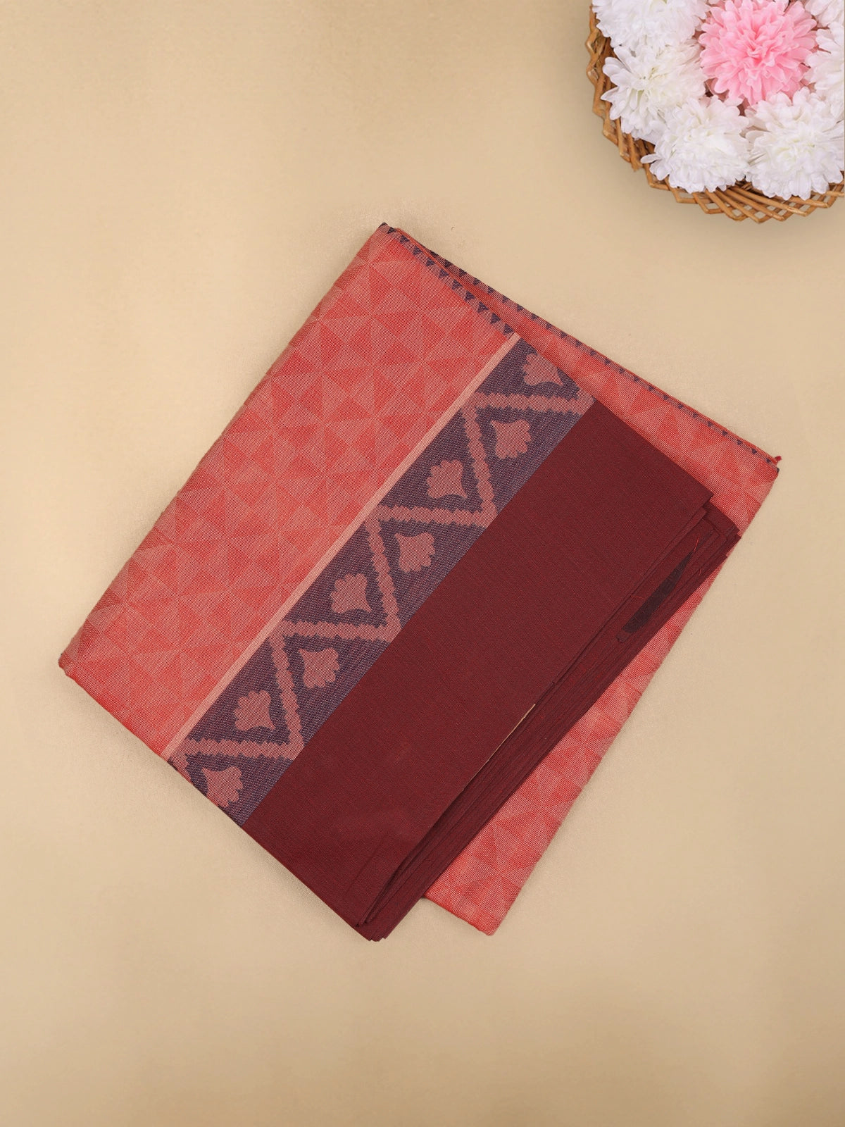 Peach Geometric Woven Design Cotton Saree