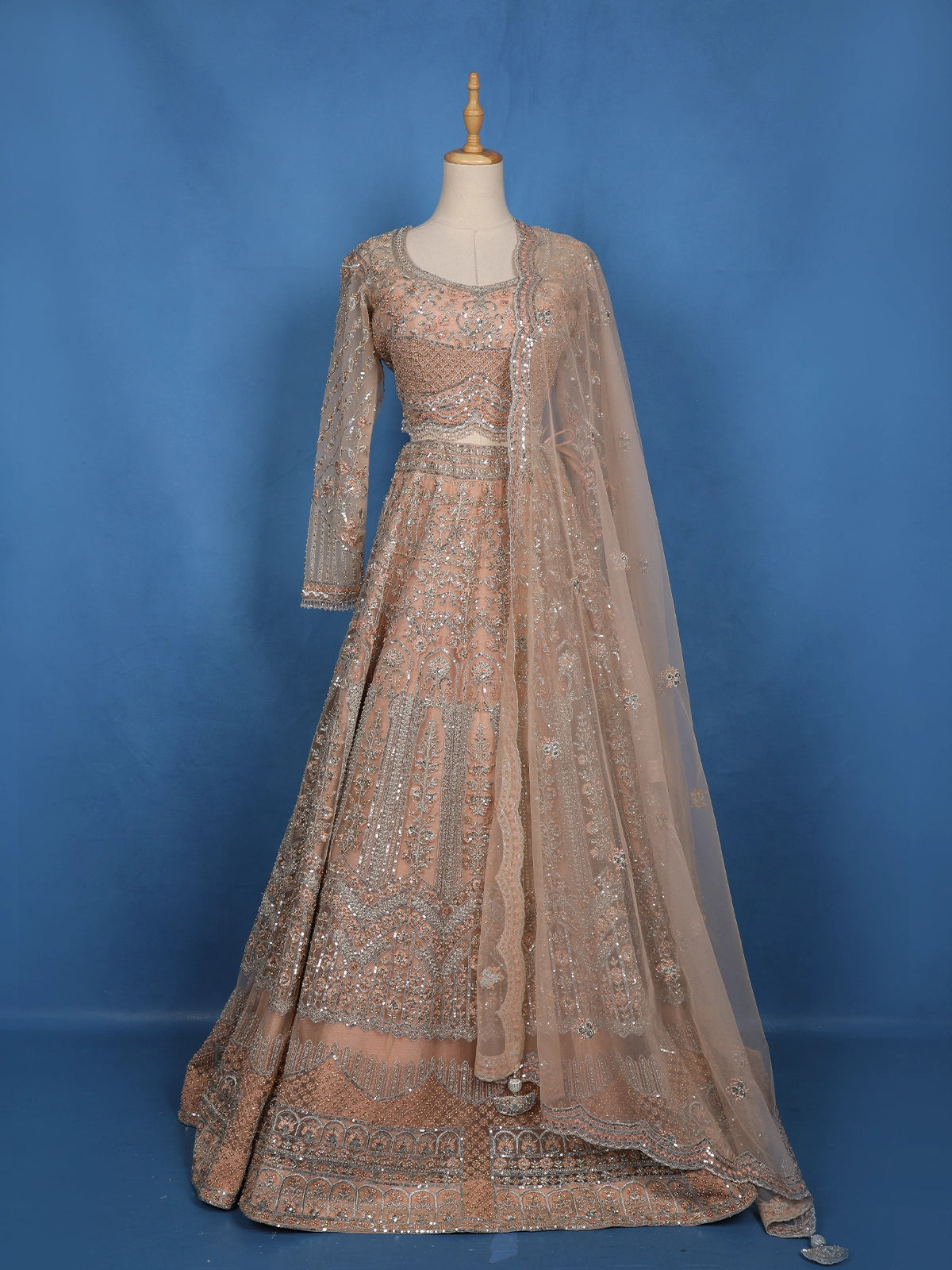 Peach Heavy Sequins Embroidered Net Lehenga With Sheer Dupatta
