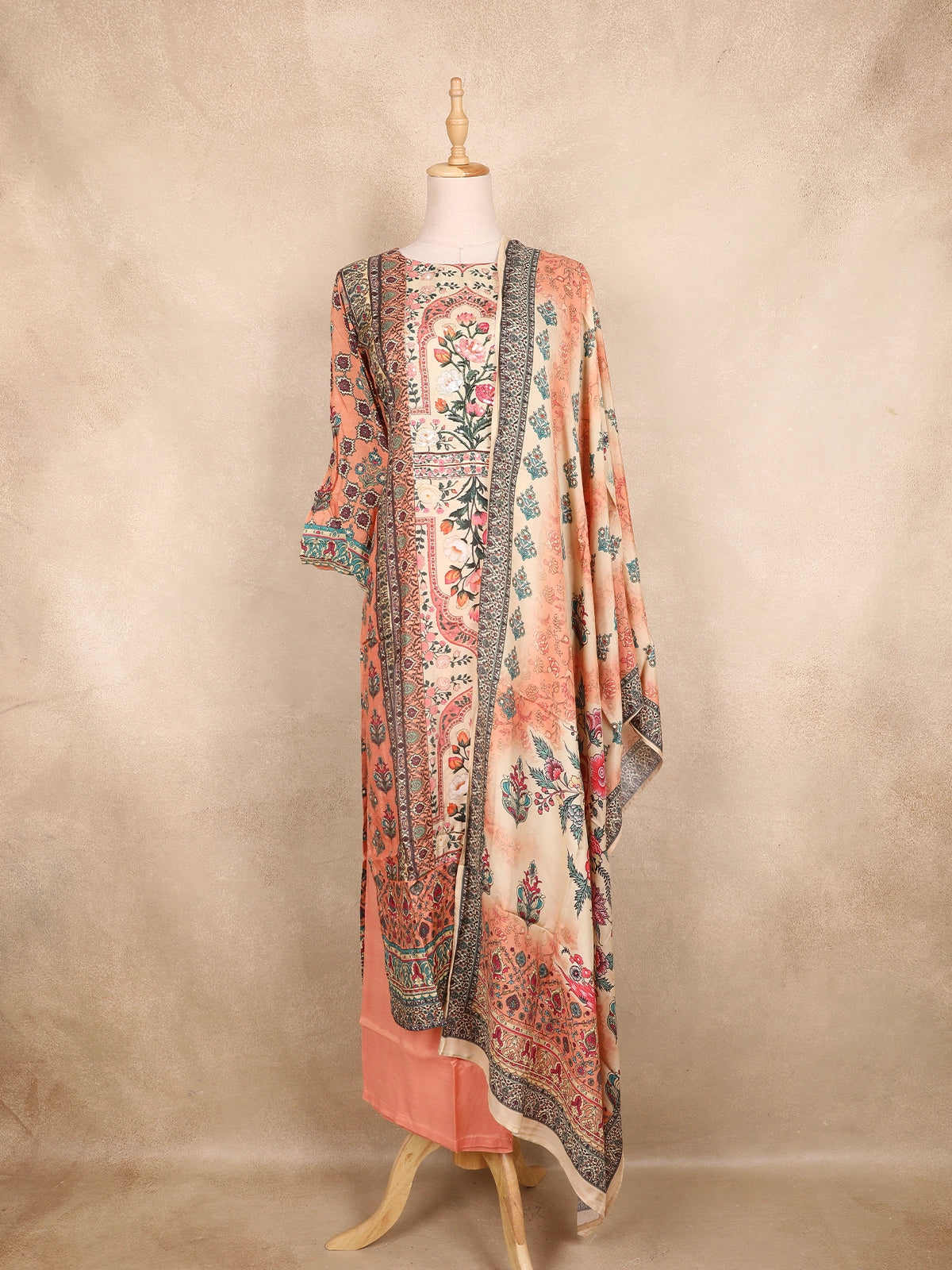 Peach Kashmiri Floral Printed Design Crepe Straight Cut Salwar Suit with Dupatta