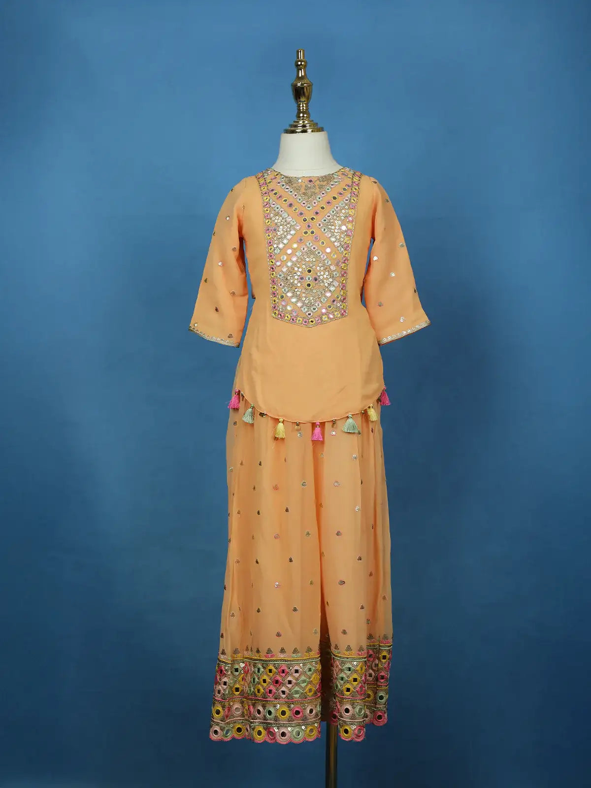 Peach Mirror Work Georgette Kids Palazzo Suit - Diadem