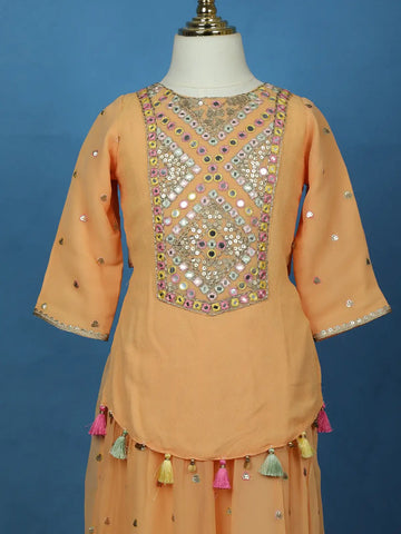 Peach Mirror Work Georgette Kids Palazzo Suit - Diadem